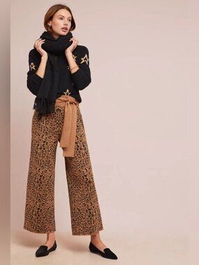 Anthropologie Moth Boho Chic Leopard Print Wide Leg Knit Pants Tie Waist - Sz S
